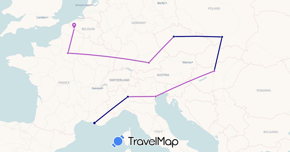 TravelMap itinerary: driving, train in Czech Republic, Germany, France, Hungary, Italy, Poland (Europe)